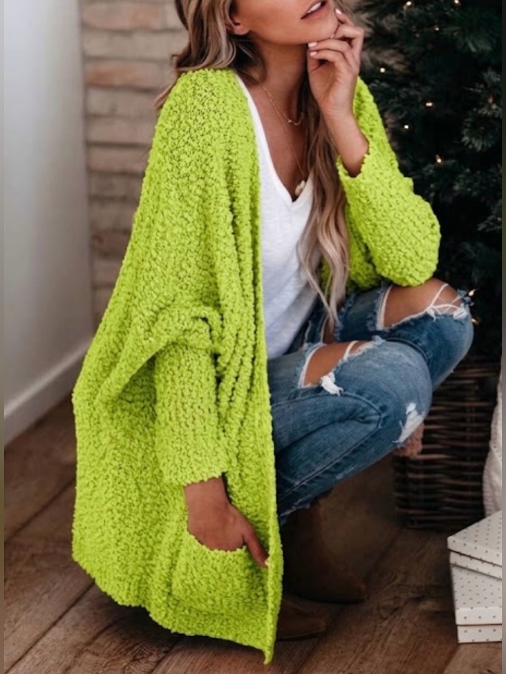 Open-Front Popcorn Knit Cardigan in Lime Green